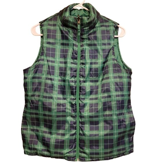 Merona Women's Size Medium Reversible Puffer Vest Green Blue Plaid Holiday Zip - Picture 3 of 9